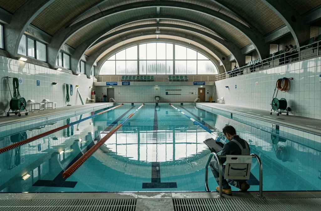 Technicien inspectant les équipements de filtration d'une piscine municipale couverte lors d'une session de maintenance