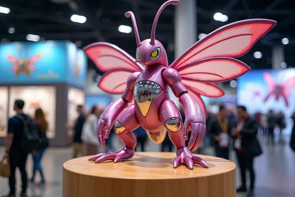 Grande figurine Méga-Mysdibule de type Fée et Acier exposée sur un piédestal lors d'une convention Pokémon