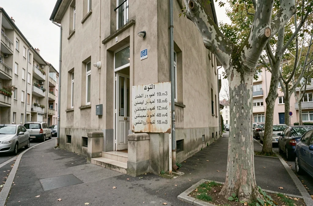 Panneau des horaires de prière affiché à l'entrée d'une mosquée de banlieue à Vénissieux