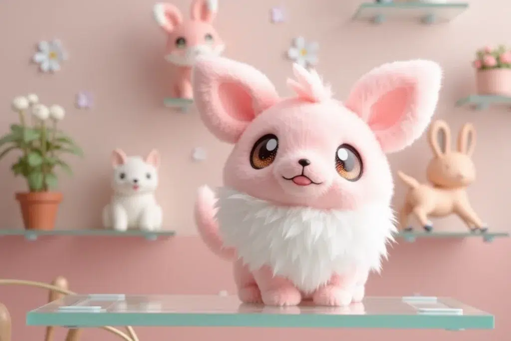 Peluche Nymphali de type Fée exposée sur une étagère en verre dans une salle de collection Pokémon