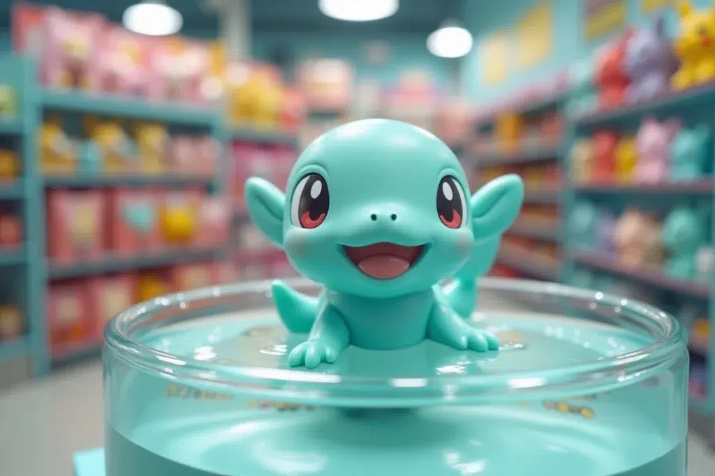Figurine Oratoria de type Fée et Eau dans un petit bassin acrylique sur le comptoir d'une boutique Pokémon spécialisée