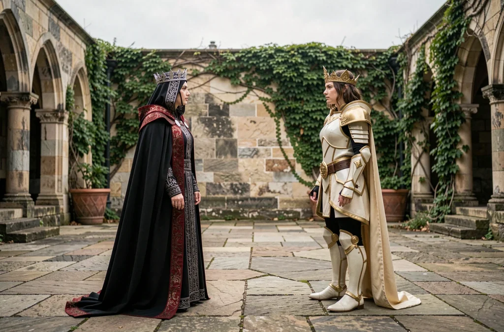 Deux cosplayeuses incarnant des personnages rivaux du manga Princesse des Flammes Noires dans une cour de château