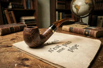 Pipe en bruyère posée sur des notes d'art surréaliste avec la phrase Ceci n'est pas une pipe, évoquant le célèbre tableau de Magritte