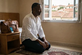 Homme en voyage priant sur un tapis de prière dans une chambre d'hôtel de Béziers avec application d'horaires de prière sur smartphone