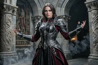 Cosplayeuse en costume de princesse de flammes noires dans un décor de château médiéval fantastique