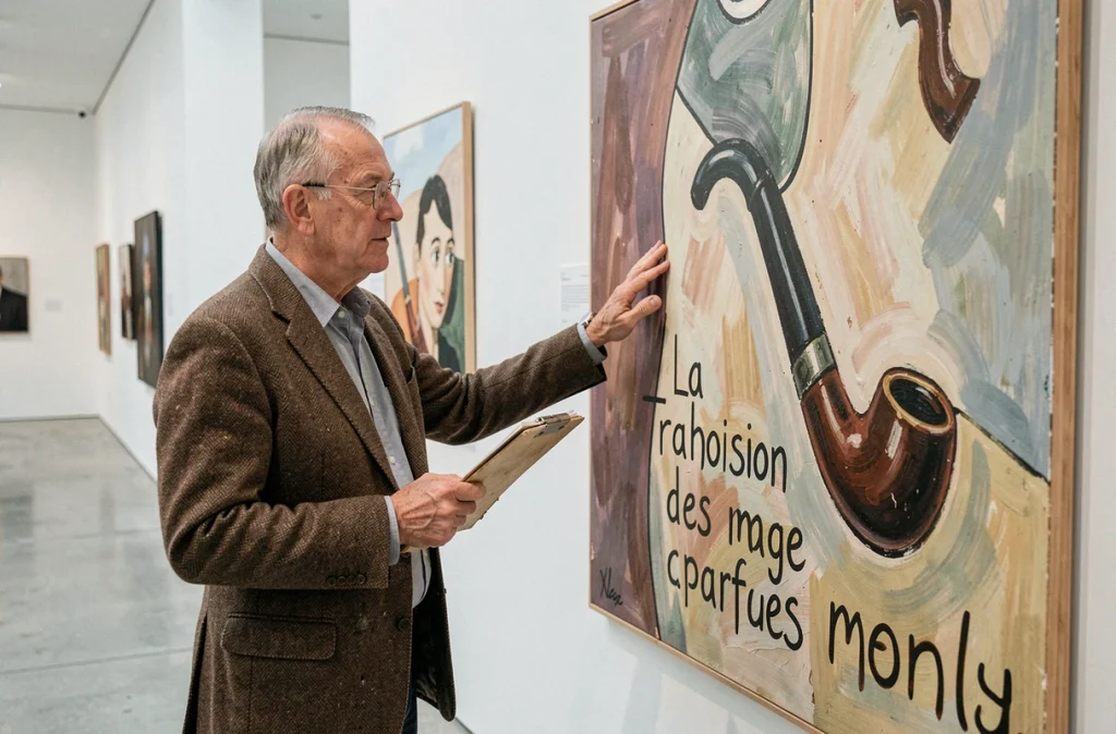 Professeur d'art expliquant le tableau La Trahison des images de Magritte dans une galerie, illustrant le concept de représentation et de sémiotique