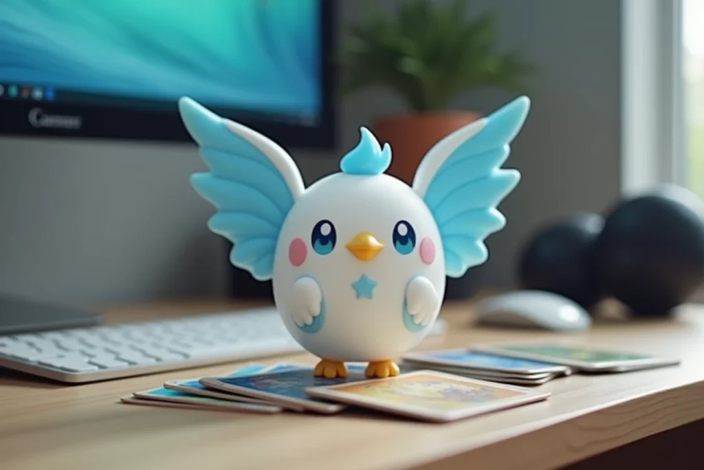 Figurine Togekiss de type Fée et Vol posée sur un support acrylique sur un bureau de joueur Pokémon