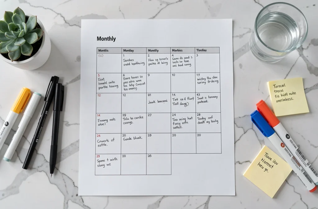 Vue à plat d'un planning mensuel imprimé sur une surface en marbre avec stylos, marqueurs et notes autocollantes