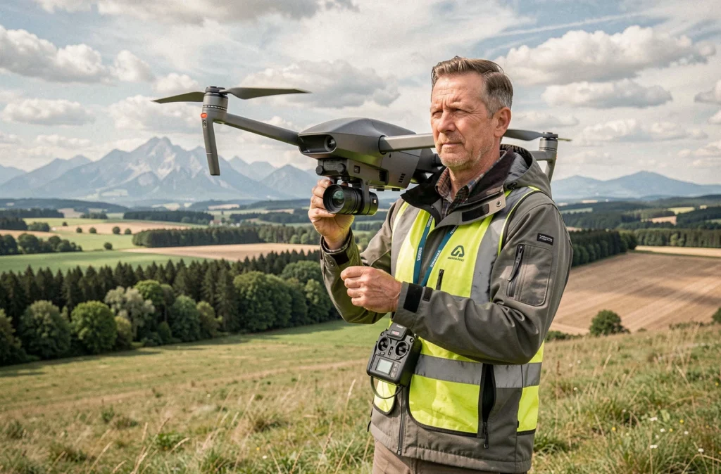 Opérateur drone Air Val tenant un drone professionnel en extérieur dans un paysage rural du Grand Est avant le décollage