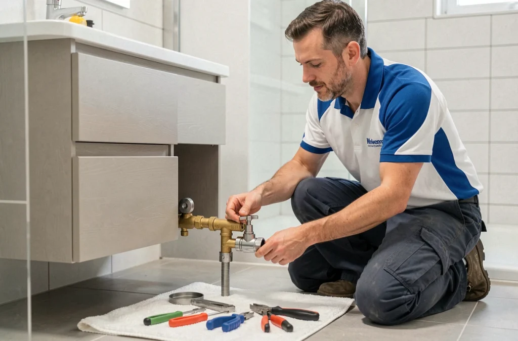 Plombier d'Aneje Plomberie en train de remplacer un robinet dans une salle de bain moderne