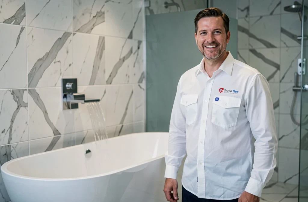Technicien d'Aqua Design Services présentant une installation de salle de bain haut de gamme avec baignoire îlot