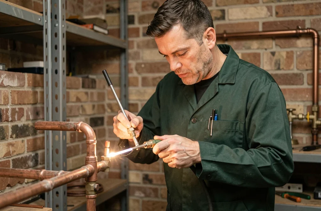 Artisan des Ateliers Monsart en train de souder des raccords en cuivre dans une chaufferie
