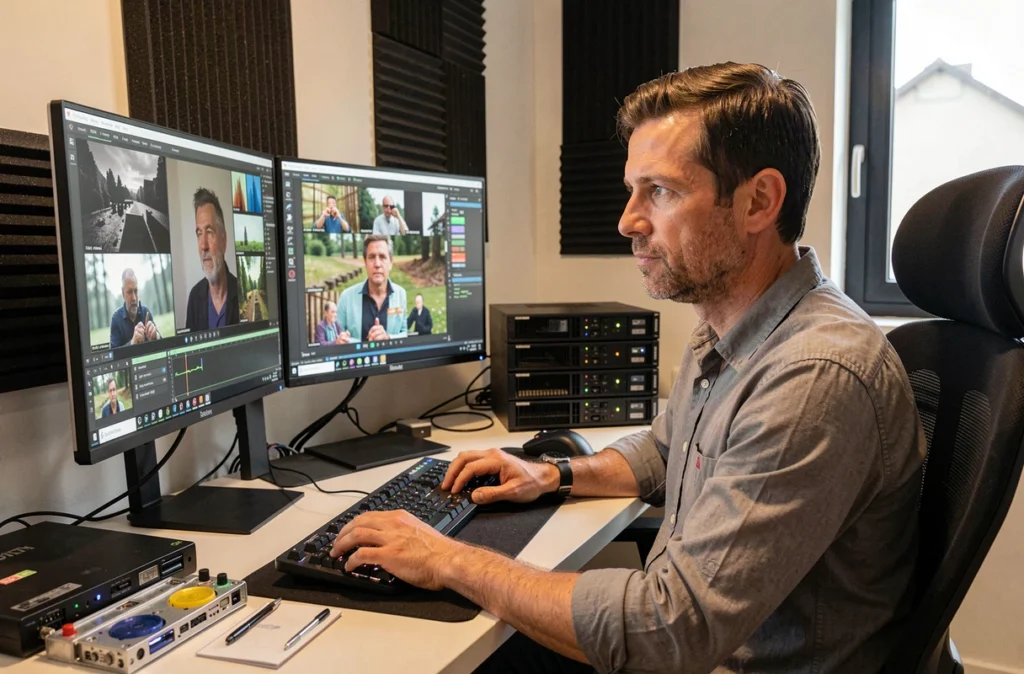 Vidéaste polyvalent Cyril Armada en salle de montage devant des écrans de post-production en Alsace