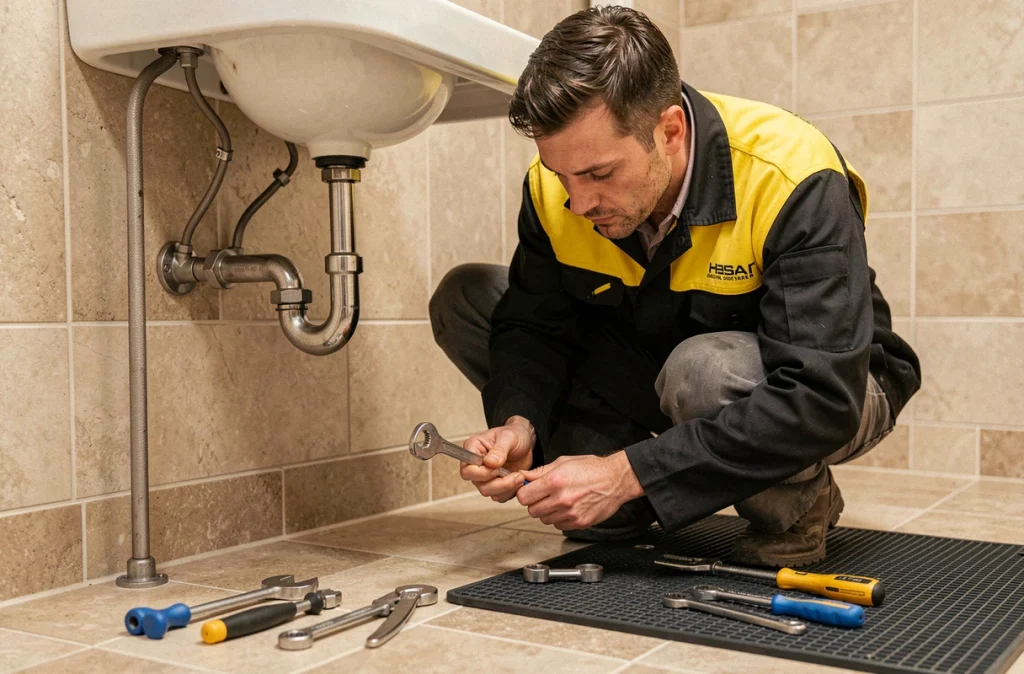 Plombier de Dia Plomberie en intervention sous un lavabo dans une salle de bain résidentielle