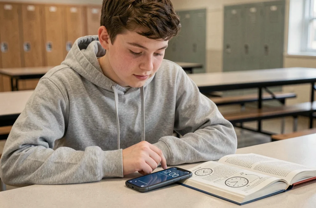 Étudiant consultant son téléphone affichant 12h00 PM avec un manuel scolaire d'anglais ouvert sur les notions AM et PM