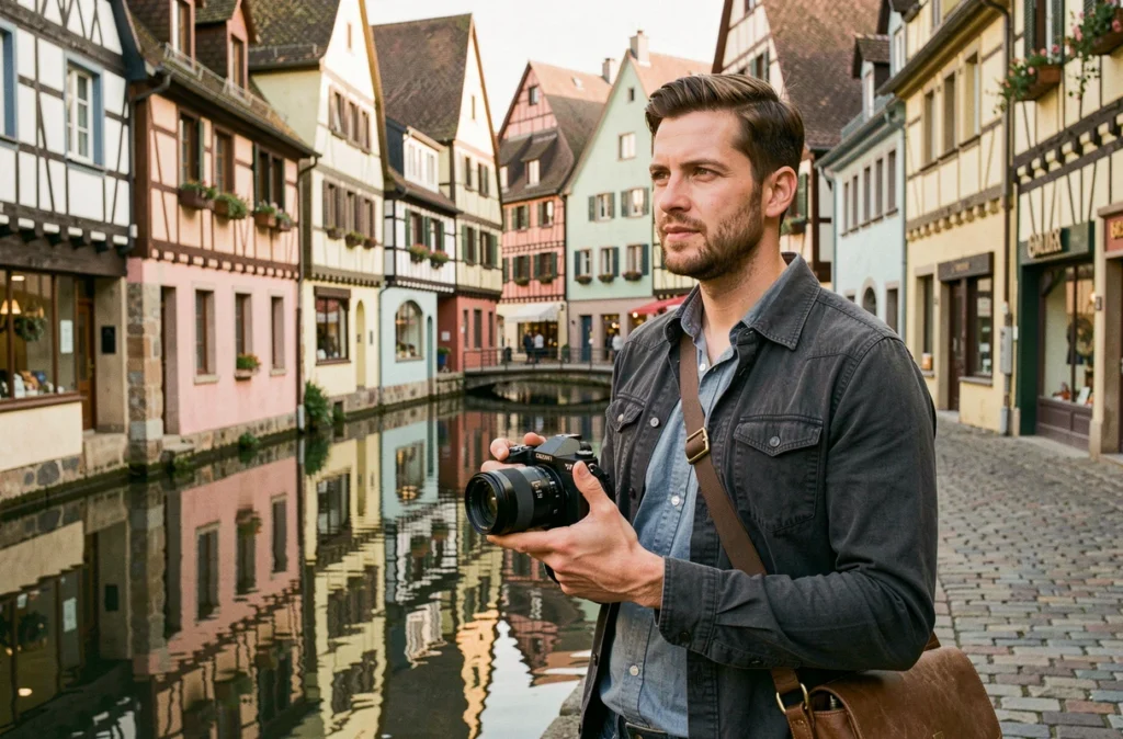 Vidéaste et photographe Fava Officiel devant les bâtiments à colombages colorés du canal de Colmar