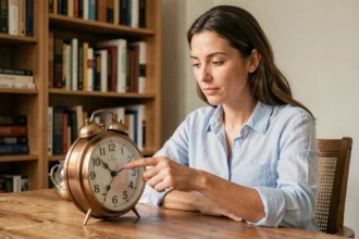 Femme étudiant une horloge analogique pour comprendre les notions AM et PM en anglais