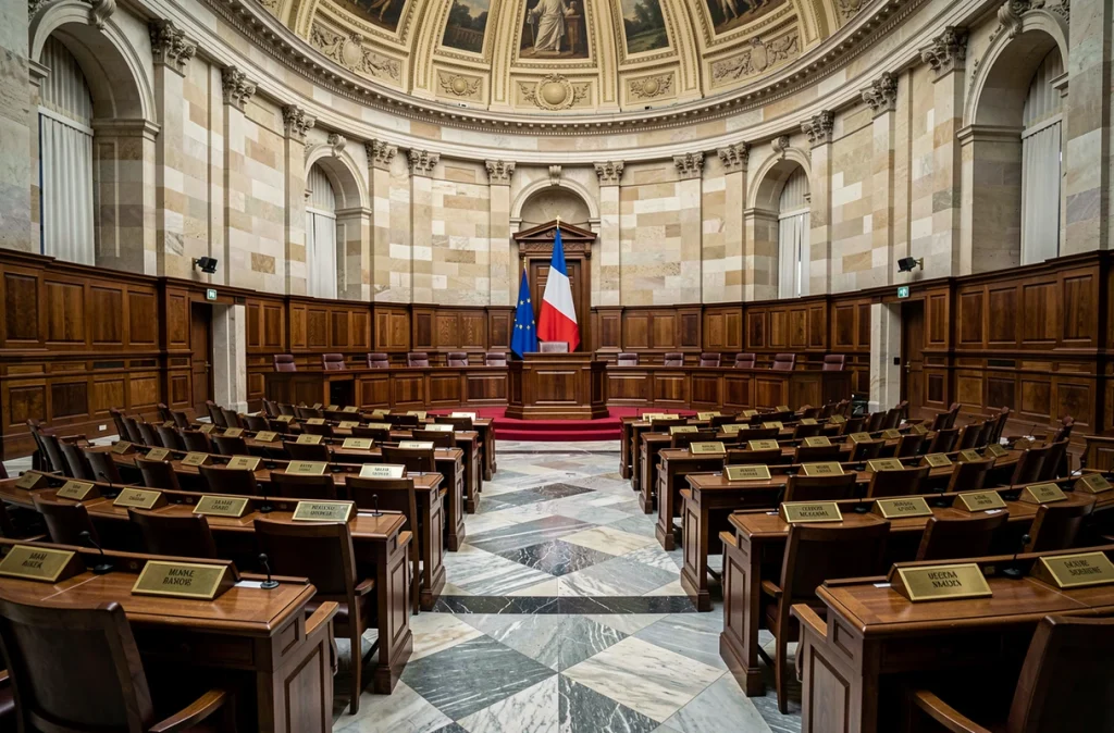 Hémicycle vide d'une assemblée institutionnelle française symbolisant les contre-pouvoirs constitutionnels face aux pouvoirs exceptionnels de l'article 16