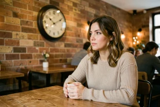 Femme contemplant une horloge indiquant 19h19 dans un café chaleureux, symbolisant les heures miroirs et les messages des anges gardiens