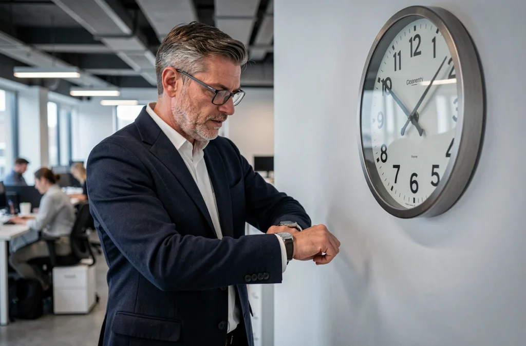 Homme en costume comparant une montre et une grande horloge murale dans un bureau moderne pour lire l'heure en anglais
