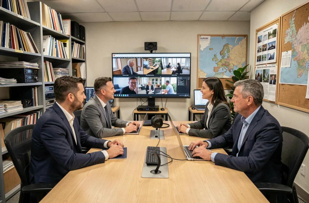 Équipe de professionnels audiovisuels Image Est réunis autour d'une table dans un centre de ressources régional du Grand Est