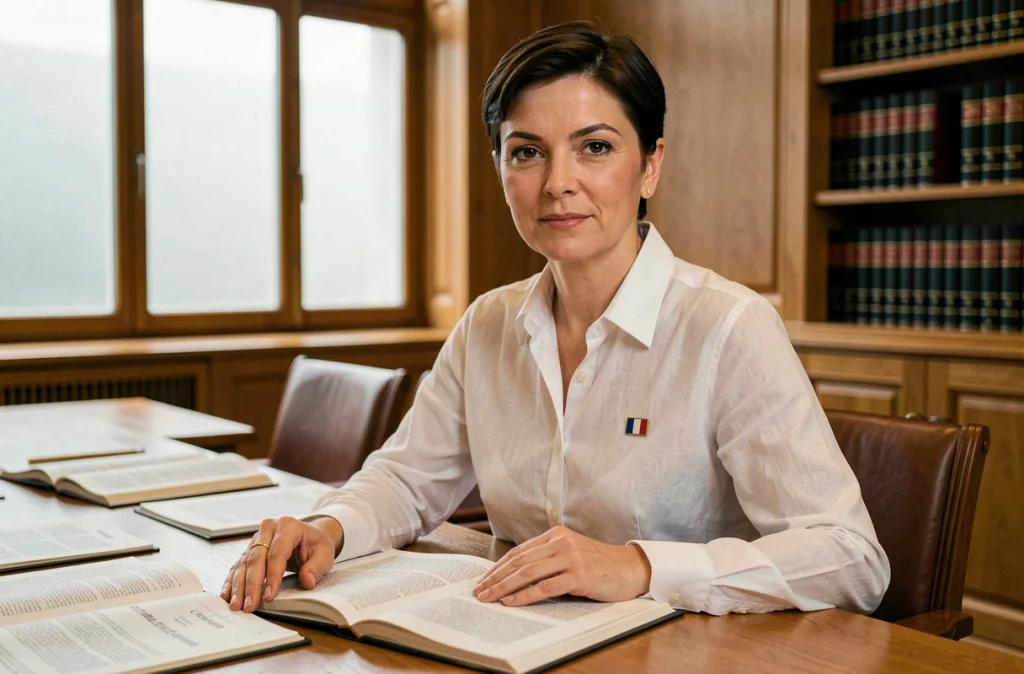 Femme juriste examinant des documents constitutionnels relatifs à l'article 16 et aux pouvoirs exceptionnels du président de la République