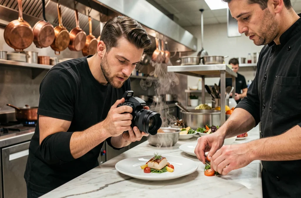 Vidéaste Lmoh filmant un plat gastronomique dans une cuisine de restaurant professionnelle pour du contenu culinaire