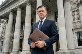 Homme en costume devant un bâtiment gouvernemental néoclassique symbolisant le pouvoir présidentiel et les institutions constitutionnelles françaises
