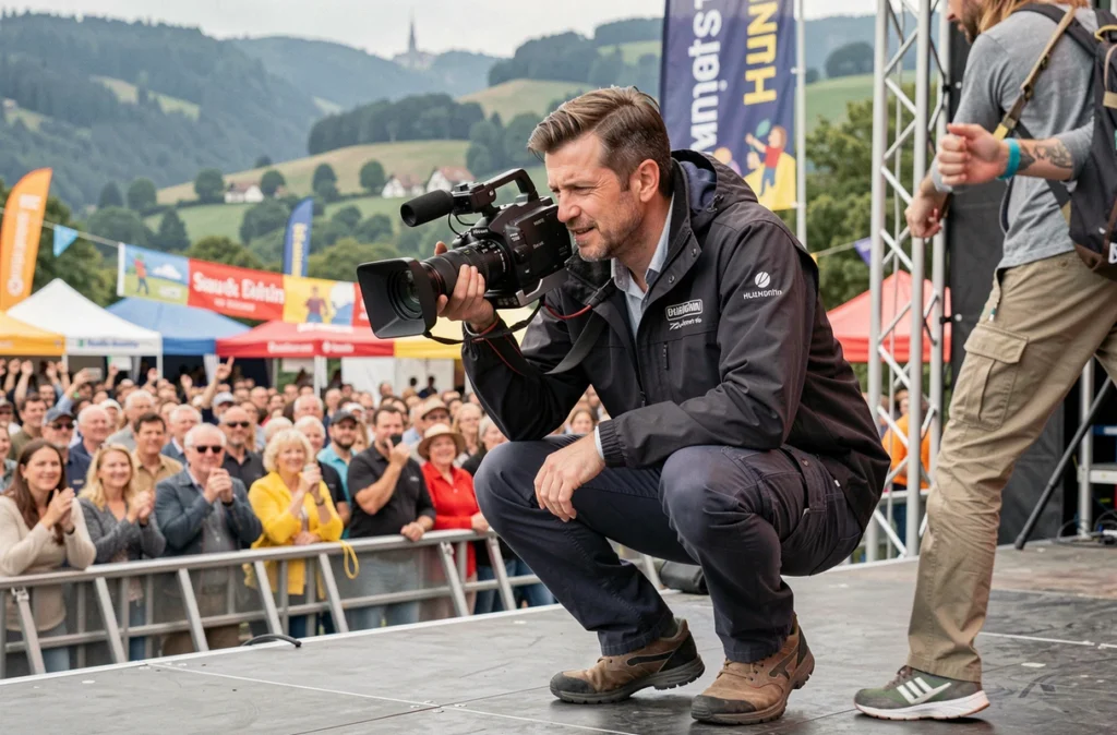 Vidéaste événementiel Redline Photo filmant un spectacle en extérieur dans le Haut-Rhin