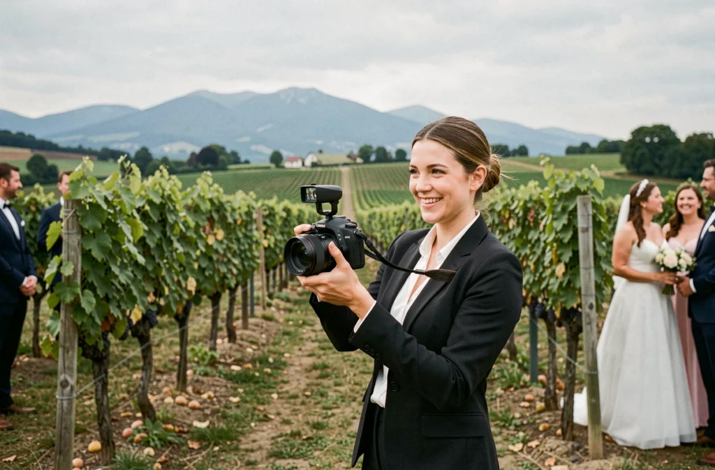 Sarah Steck vidéaste et photographe mariage filmant un couple dans les vignes alsaciennes