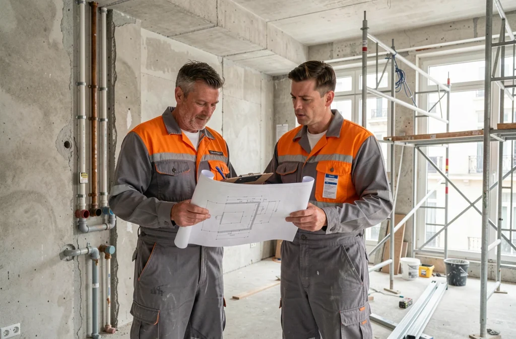 Équipe SFGC Renov en train de planifier des travaux de plomberie dans un appartement en rénovation