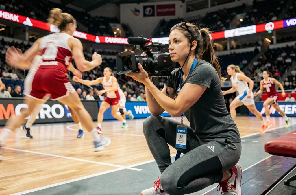 Vidéaste So Anezot filmant un événement sportif en intérieur avec une caméra professionnelle au bord du terrain