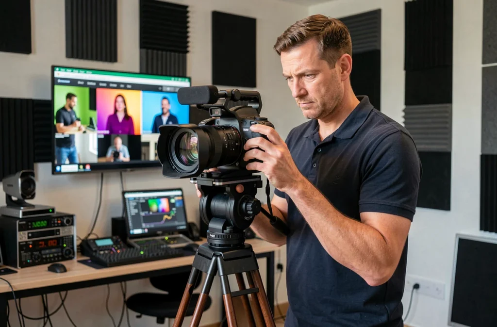 Vidéaste professionnel Vidéaprod réglant une caméra cinéma dans un studio de production en Lorraine