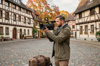Vidéaste professionnel filmant dans un village alsacien typique du Grand Est avec architecture à colombages