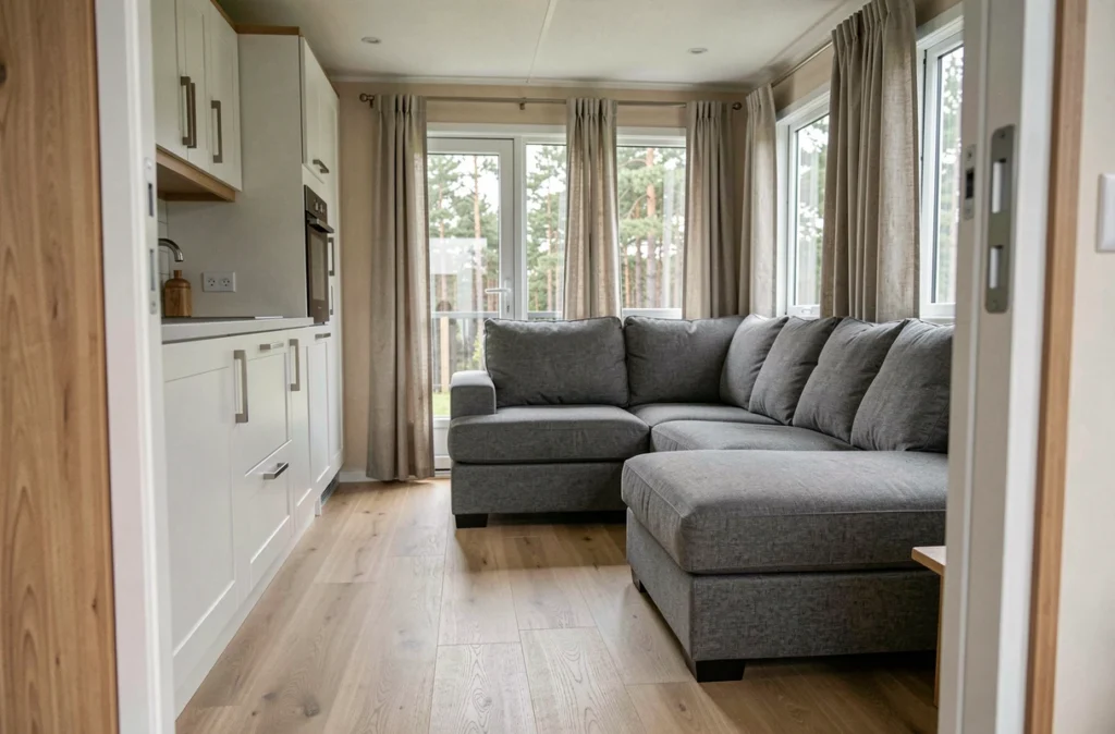 Intérieur moderne d'un mobil-home haut de gamme français avec cuisine équipée, salon cosy et parquet clair