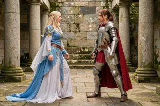 Deux cosplayeuses incarnant Lucy et Erza de Fairy Tail en pose de confrontation dans une cour médiévale en pierre, comparaison de puissance entre une mage céleste et une chevalière.