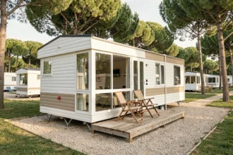 Mobil-home français moderne installé dans un camping verdoyant entouré de pins, avec terrasse en bois et grandes baies vitrées