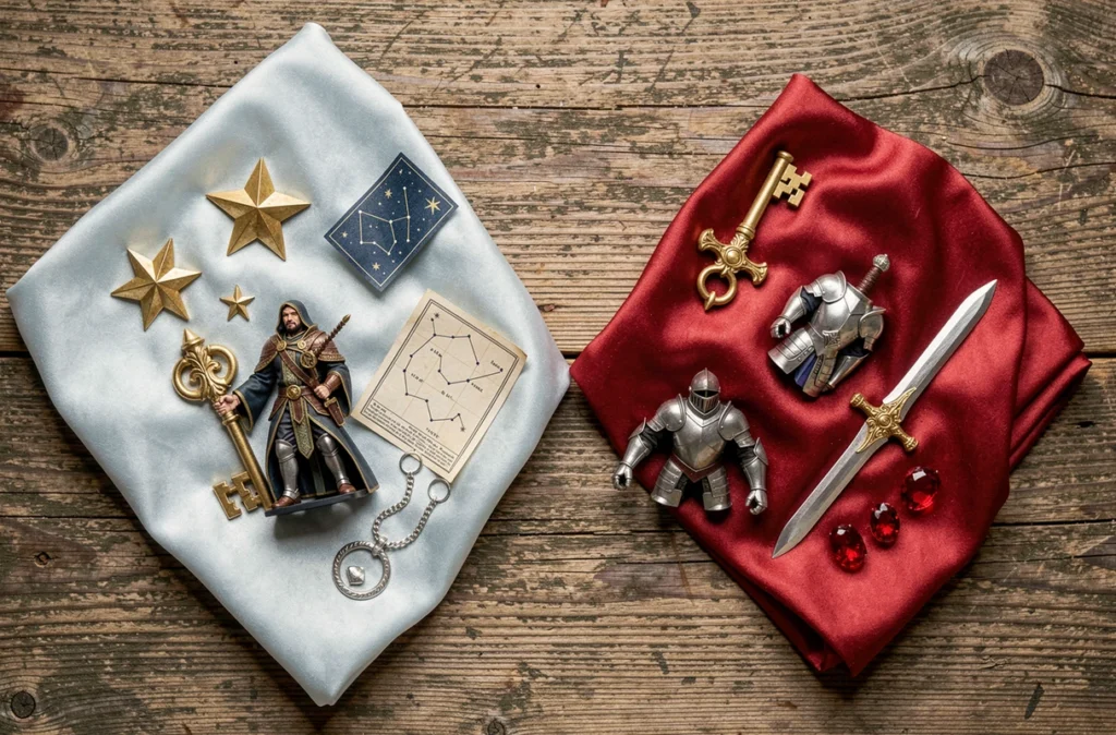 Flat-lay comparatif des univers de Lucy et Erza de Fairy Tail avec accessoires thématiques représentant la mage des étoiles et la chevalière écarlate disposés sur une table en chêne.